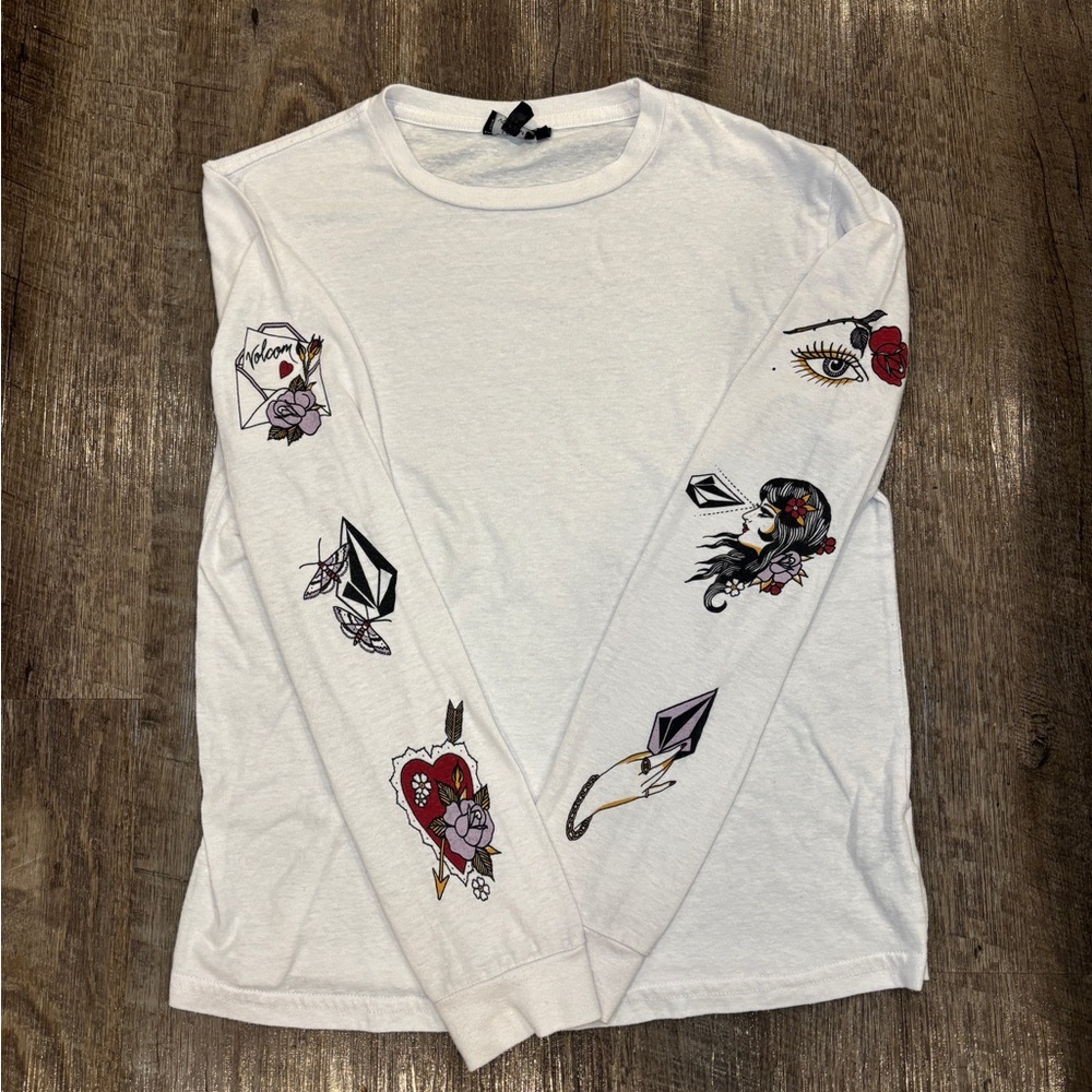 Volcom White Long-Sleeve Graphic Tee with Colorful Sleeve Art